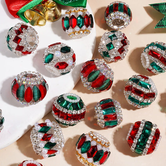 Christmas Red & Green Diamonds, White Pearl & AB Clear Rhinestone Chains, Handmade Acrylic Beads, Random Mix