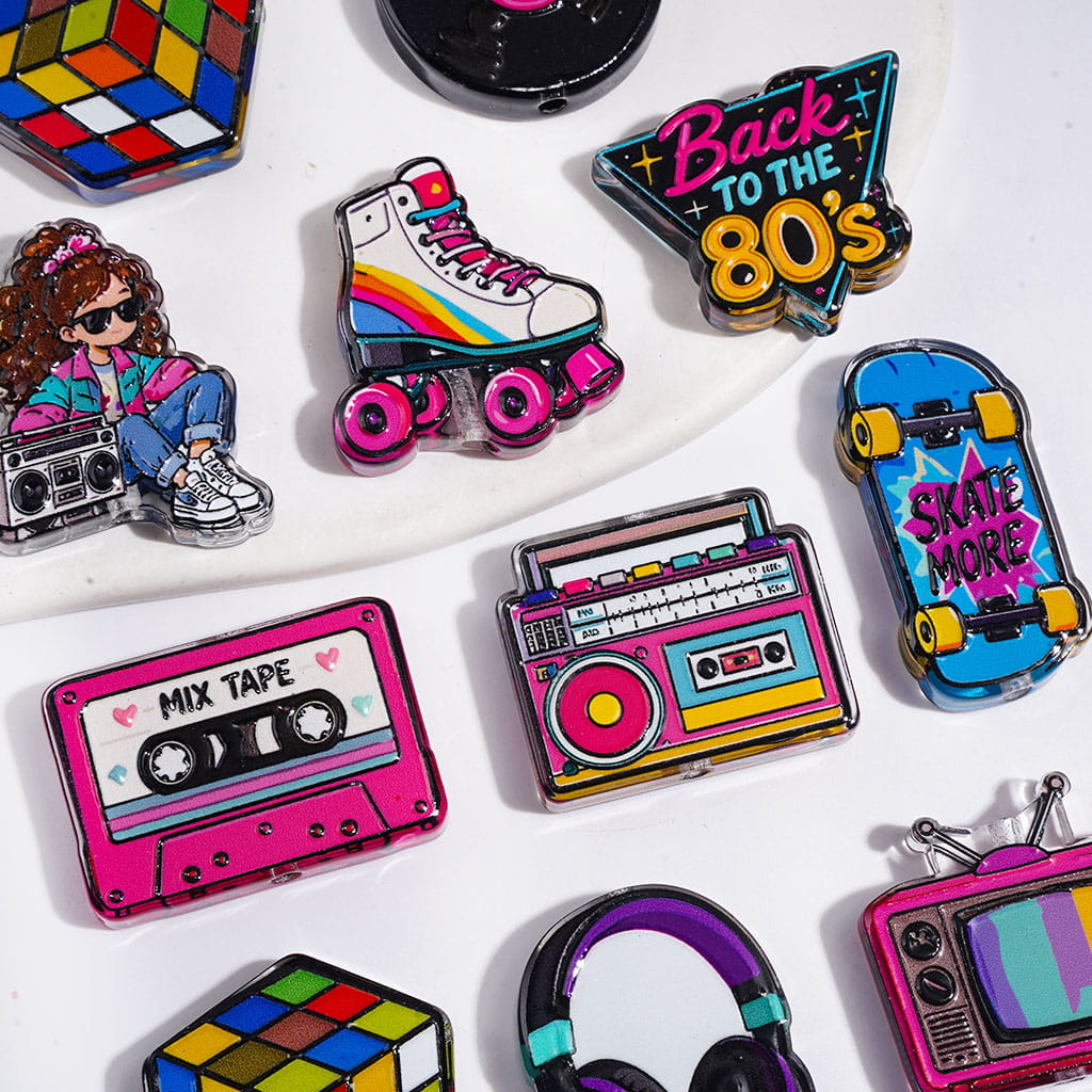 Semi-Clear Acrylic Beads Retro 1980s Nostalgic Theme, TV Video Headset Record Skateboarding Tape, Random Mix