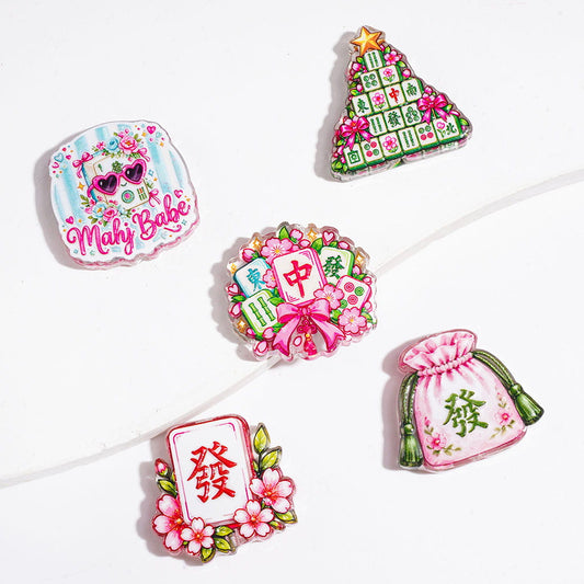 Chinese Mahjong Symbols, Cute Panda, Cherry Blossoms and Lucky Fortune Pink Theme Semi-Clear Acrylic Beads, Random Mix