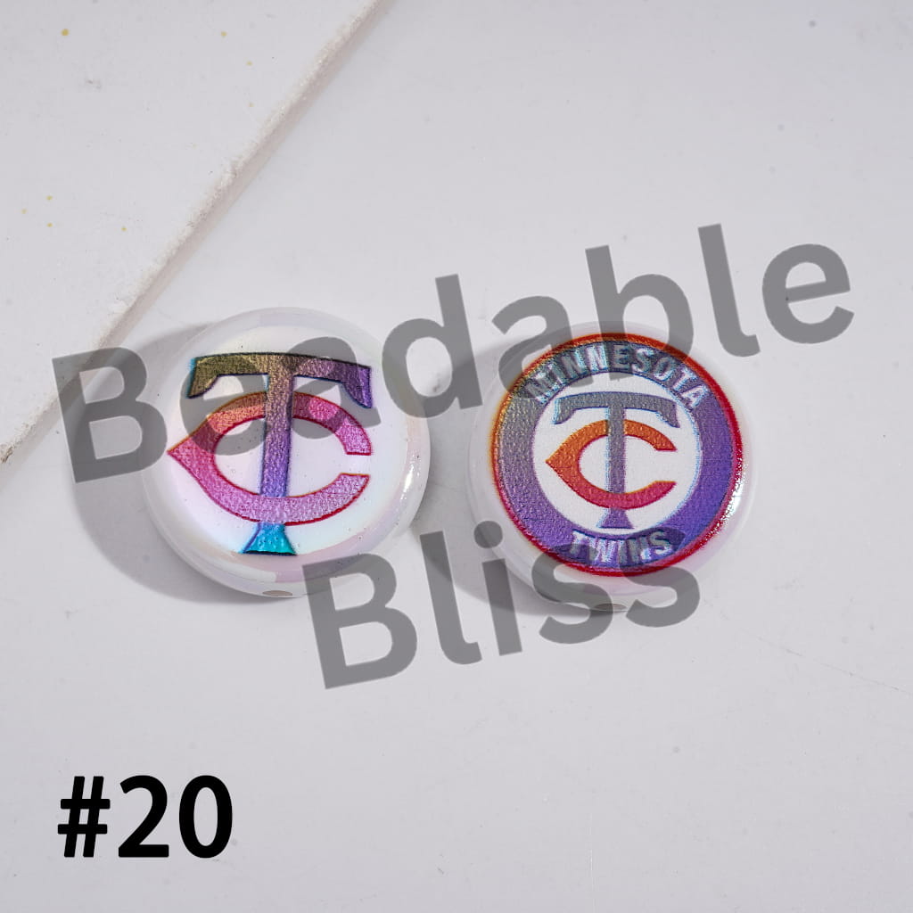 Acrylic Beads UV Coating with Sports American Baseball Series, Around 24MM, Flat Round Shape