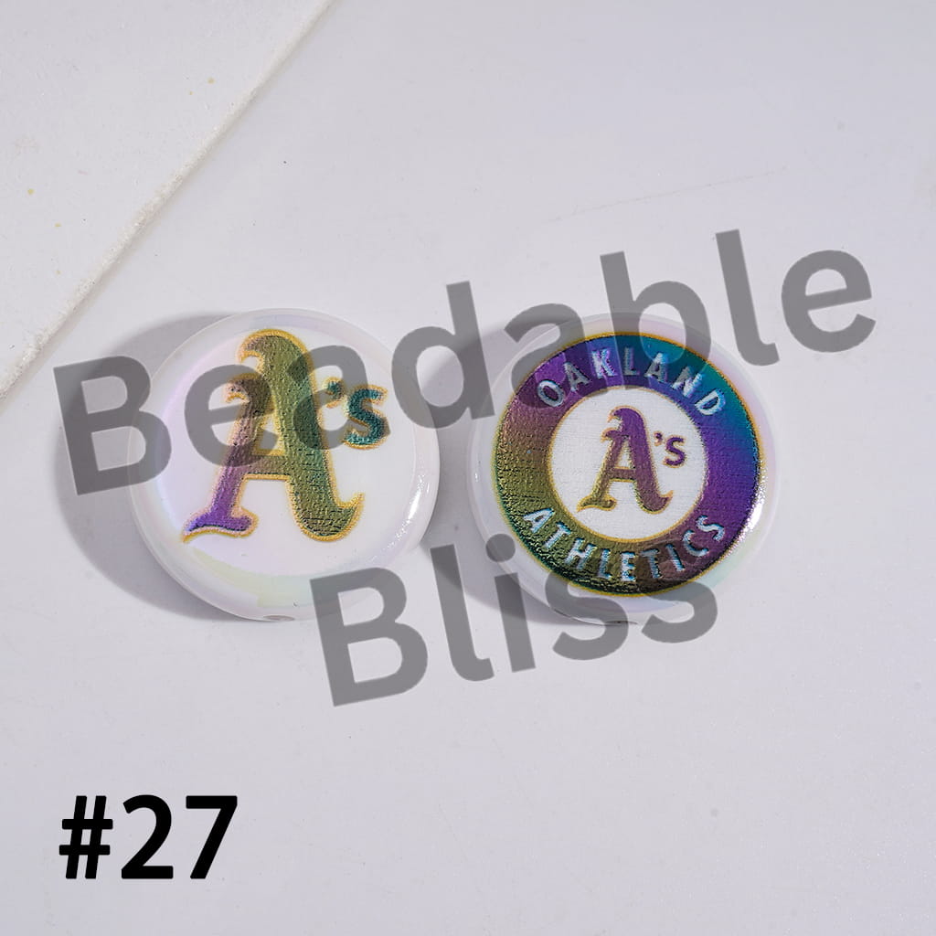 Acrylic Beads UV Coating with Sports American Baseball Series, Around 24MM, Flat Round Shape