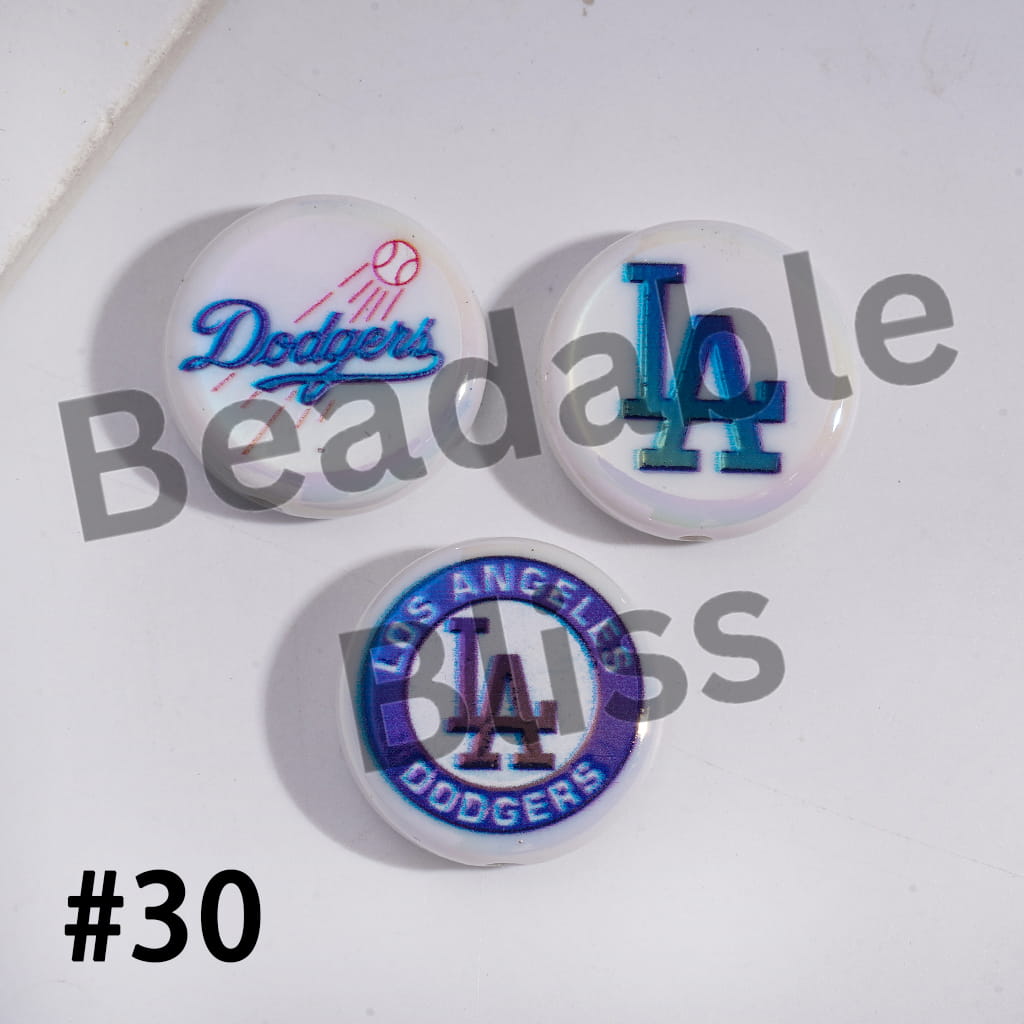 Acrylic Beads UV Coating with Sports American Baseball Series, Around 24MM, Flat Round Shape