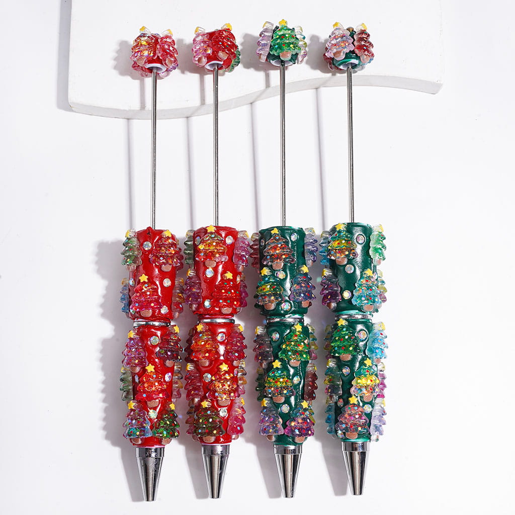 Beadable Clay Pens with Christmas Tree and AB Rhinestones, Green and Red Background