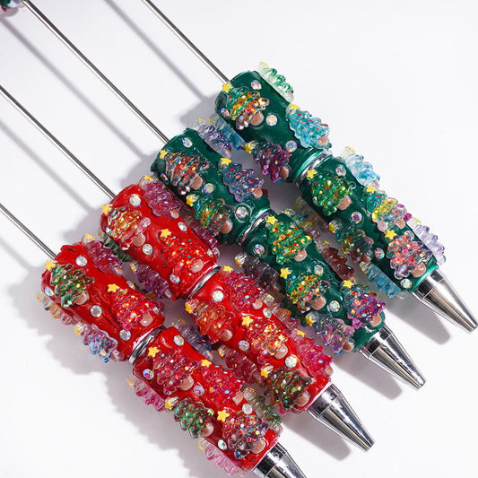 Festive Christmas Tree Design with Sparkling AB Rhinestones on Green and Red Background Beadable Clay Pen
