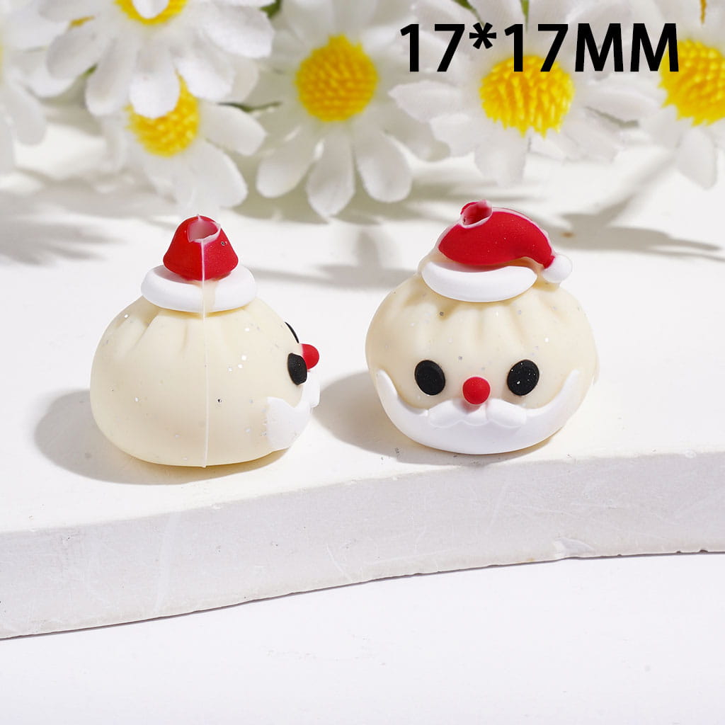 3D Cute Christmas Dumpling Santa Claus Face Red Hat and Silver Glitter Silicone Focal Beads, 17*17MM, Multi Colors Random Mix