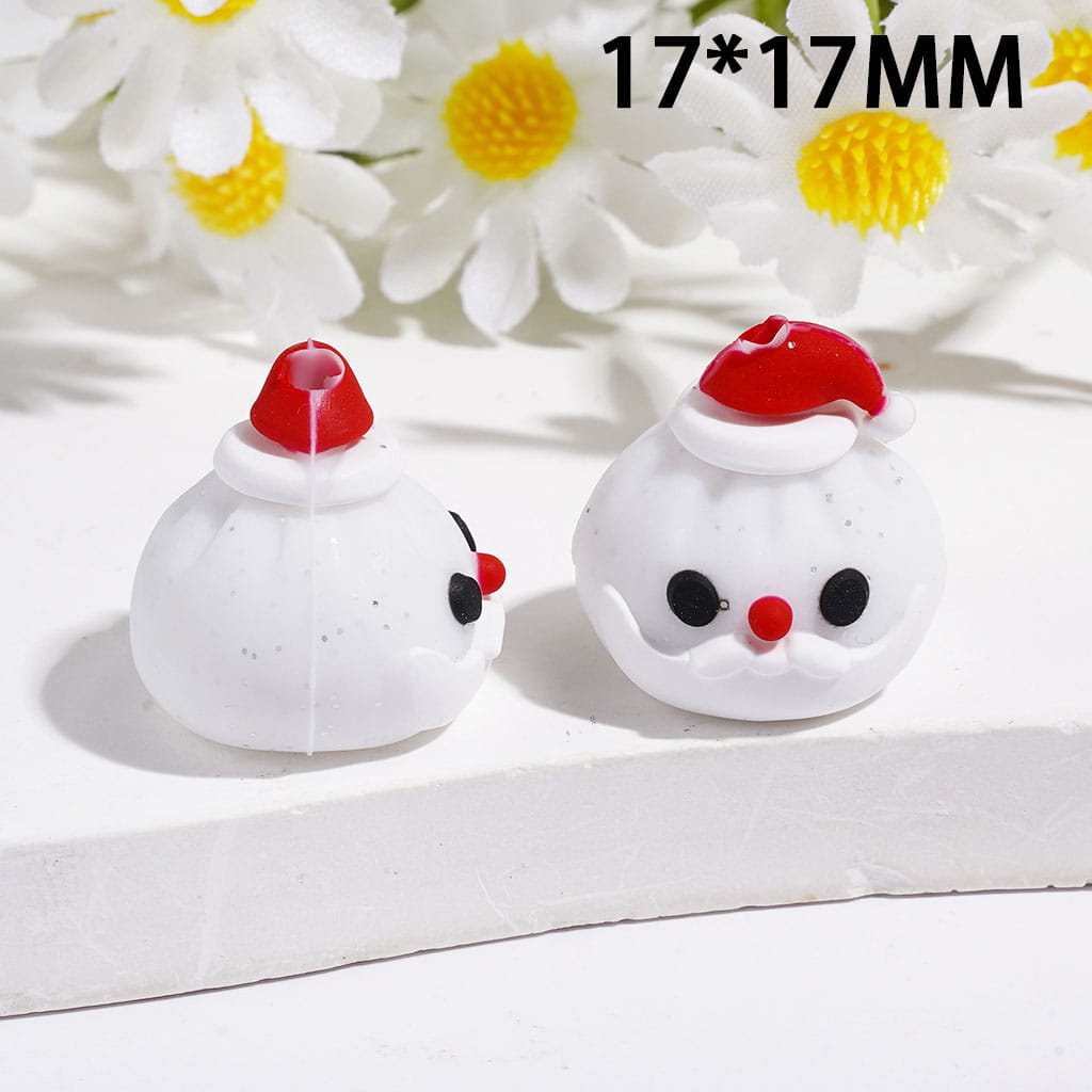 3D Cute Christmas Dumpling Santa Claus Face Red Hat and Silver Glitter Silicone Focal Beads, 17*17MM, Multi Colors Random Mix
