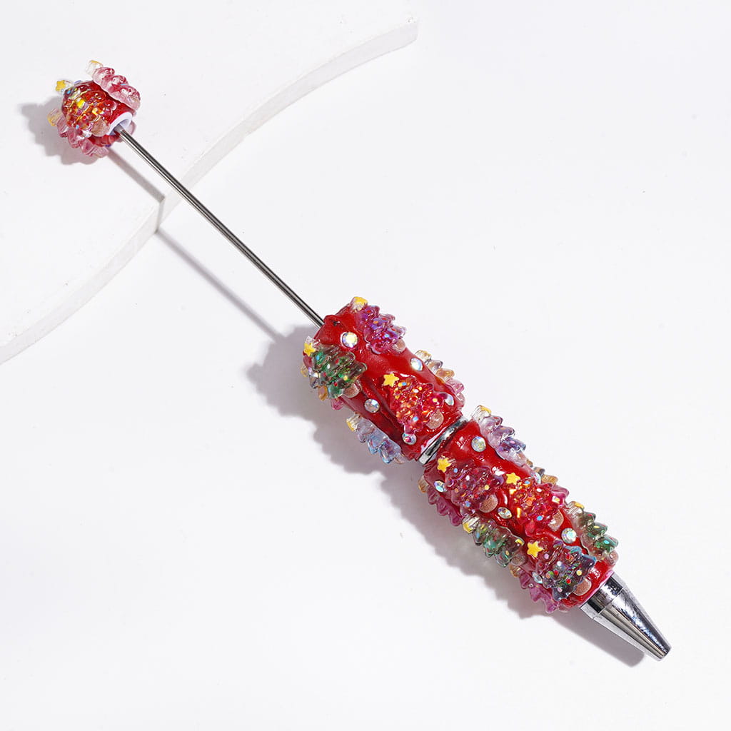 Beadable Clay Pens with Christmas Tree and AB Rhinestones, Green and Red Background