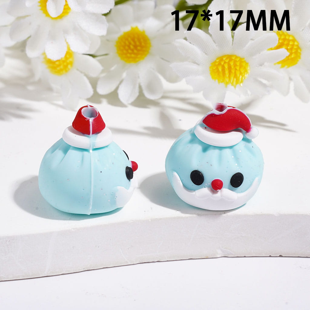 3D Cute Christmas Dumpling Santa Claus Face Red Hat and Silver Glitter Silicone Focal Beads, 17*17MM, Multi Colors Random Mix