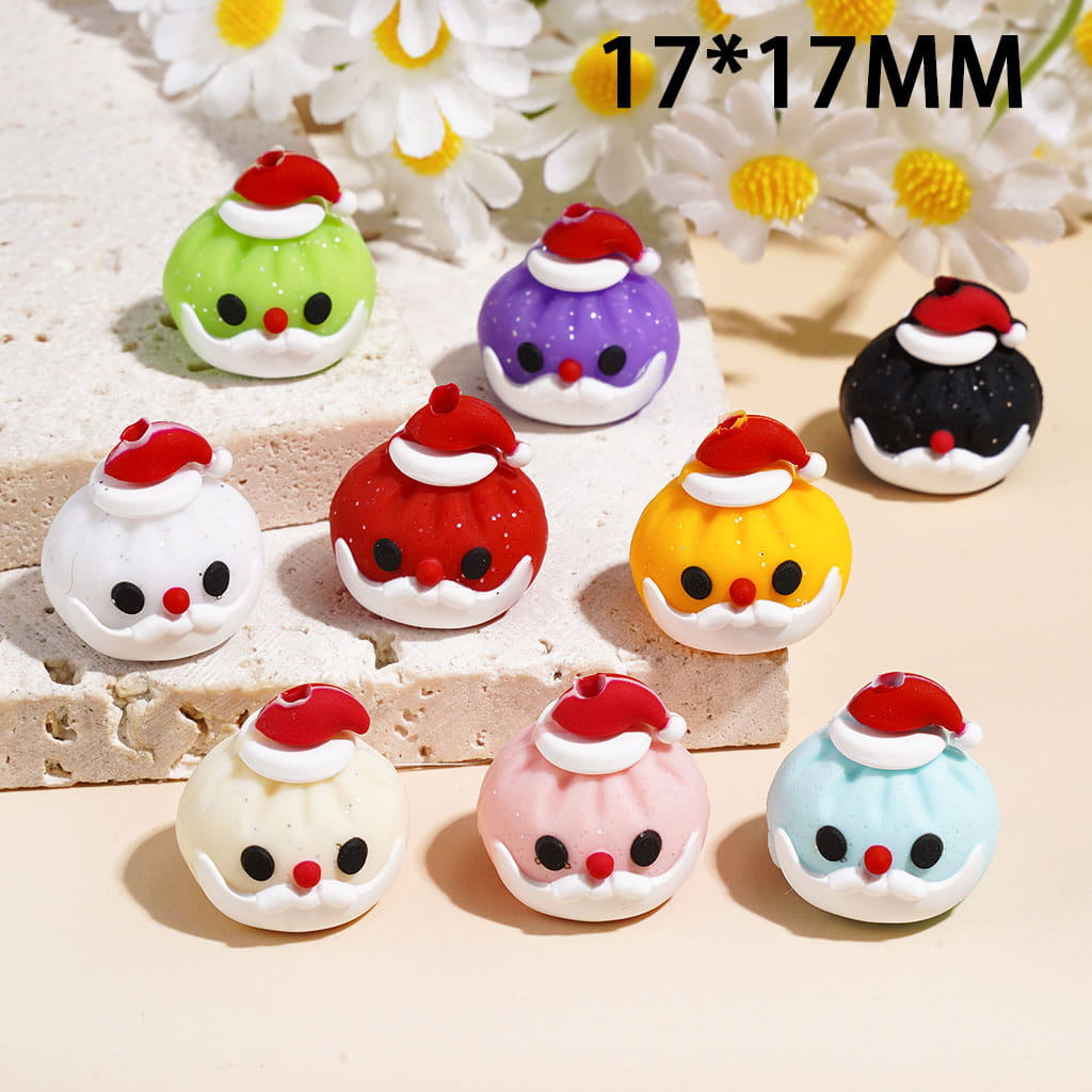 3D Cute Christmas Dumpling Santa Claus Face Red Hat and Silver Glitter Silicone Focal Beads, 17*17MM, Multi Colors Random Mix