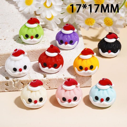 3D Cute Christmas Dumpling Santa Claus Face Red Hat and Silver Glitter Silicone Focal Beads, 17*17MM, Multi Colors Random Mix