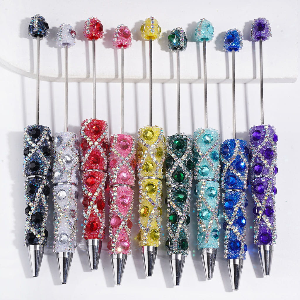 Handmade Beadable Sugar Pens with Multicolor Flat Back Rhinestones, "X" Shaped AB Rhinestone Chains & Clear Cone Shaped Rhinestones Covered the Entire Pens