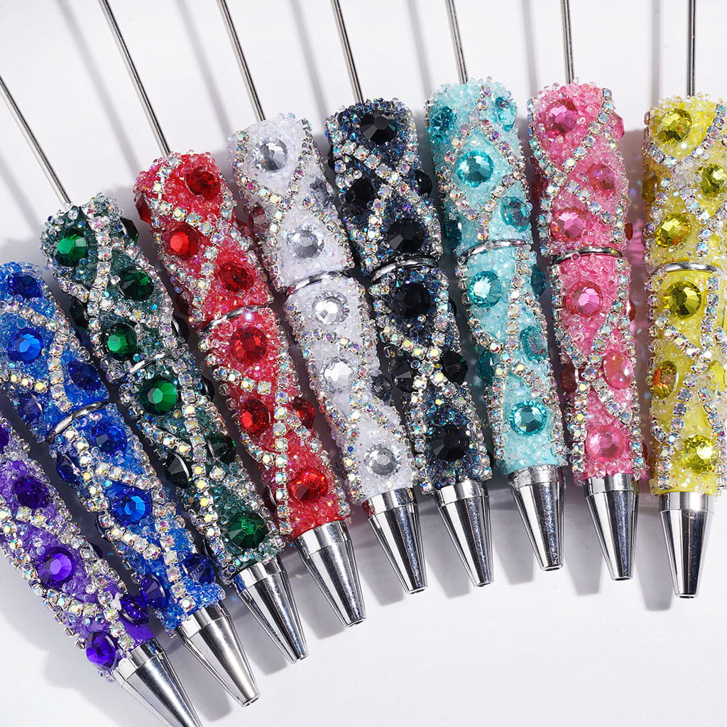 Handmade Beadable Sugar Pens with Multicolor Flat Back Rhinestones, "X" Shaped AB Rhinestone Chains & Clear Cone Shaped Rhinestones Covered the Entire Pens