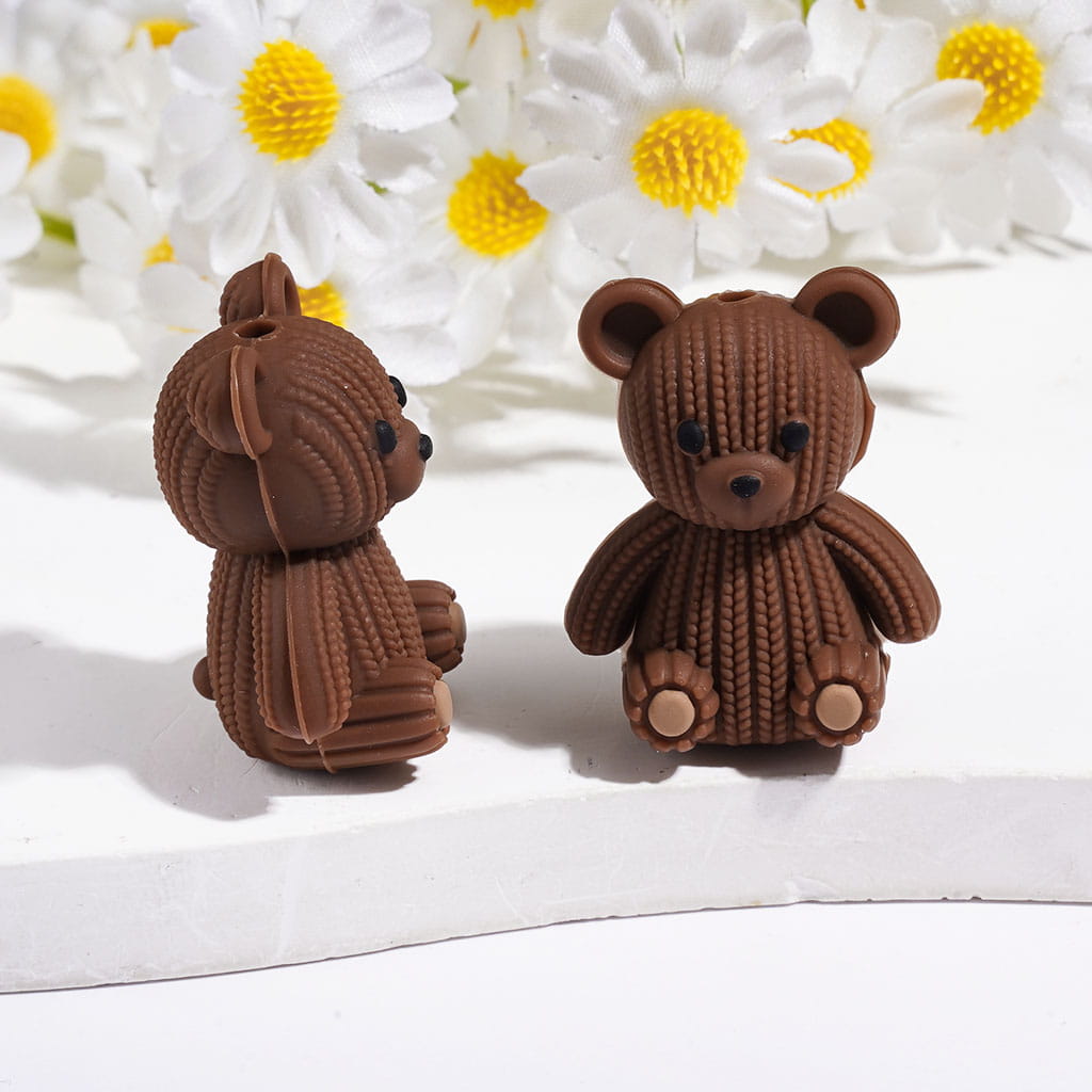 3D Adorable Knitted Teddy Bear with Wool Yarn Texture Silicone Focal Beads, Multi Colors Random Mix