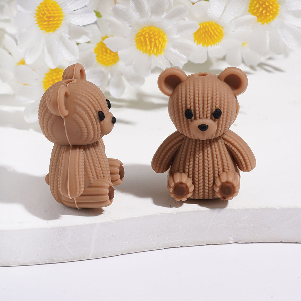 3D Adorable Knitted Teddy Bear with Wool Yarn Texture Silicone Focal Beads, Multi Colors Random Mix