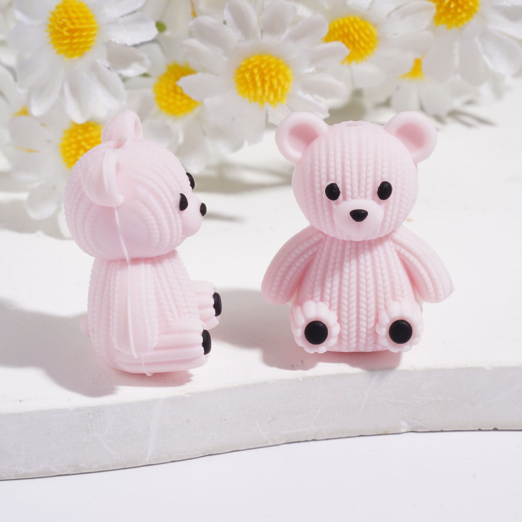 3D Adorable Knitted Teddy Bear with Wool Yarn Texture Silicone Focal Beads, Multi Colors Random Mix