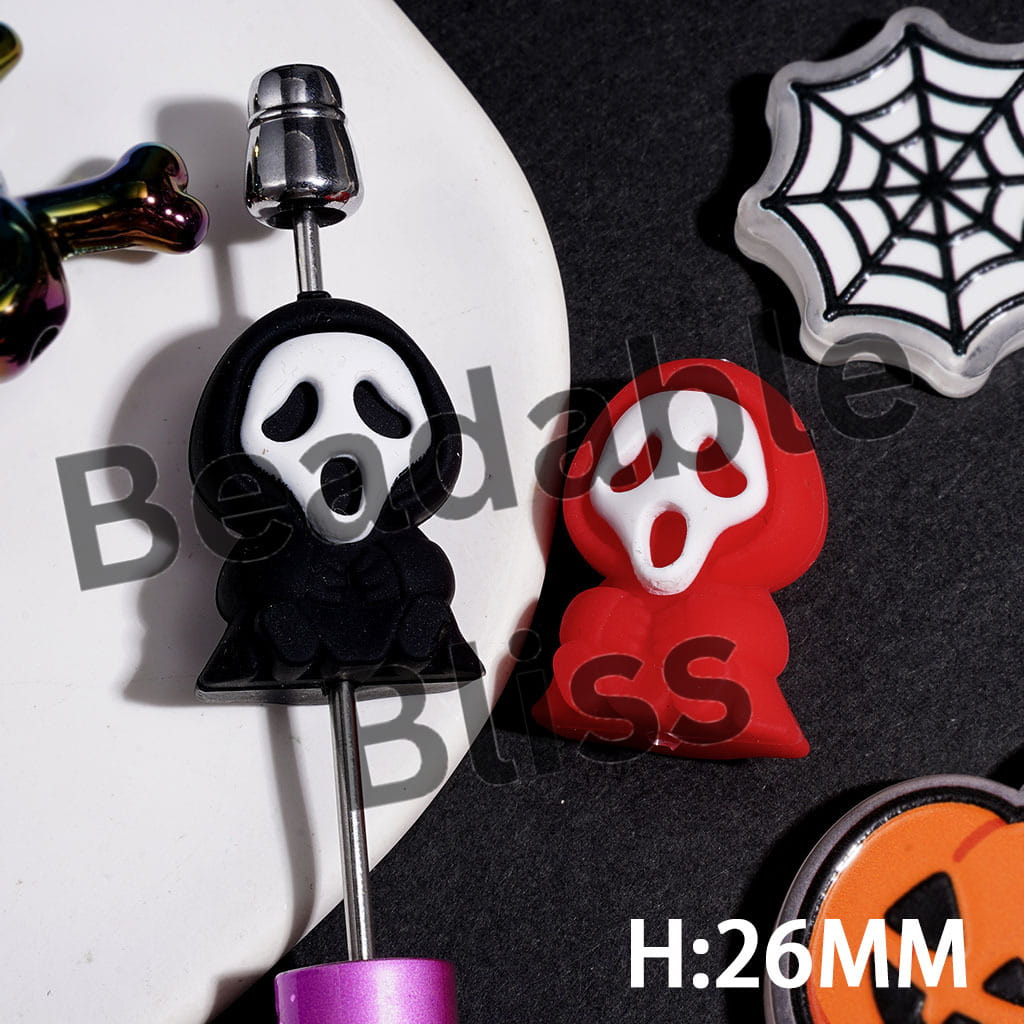 Halloween Tiny Horror Mask Character Silicone Focal Beads, Height 26MM, Fluorescent Colors, Random Mix