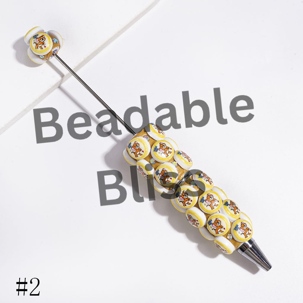 Flat Round Shape with Cat & Mouse Characters & AB Rhinestones Beadable Clay Pens, Multi-Color