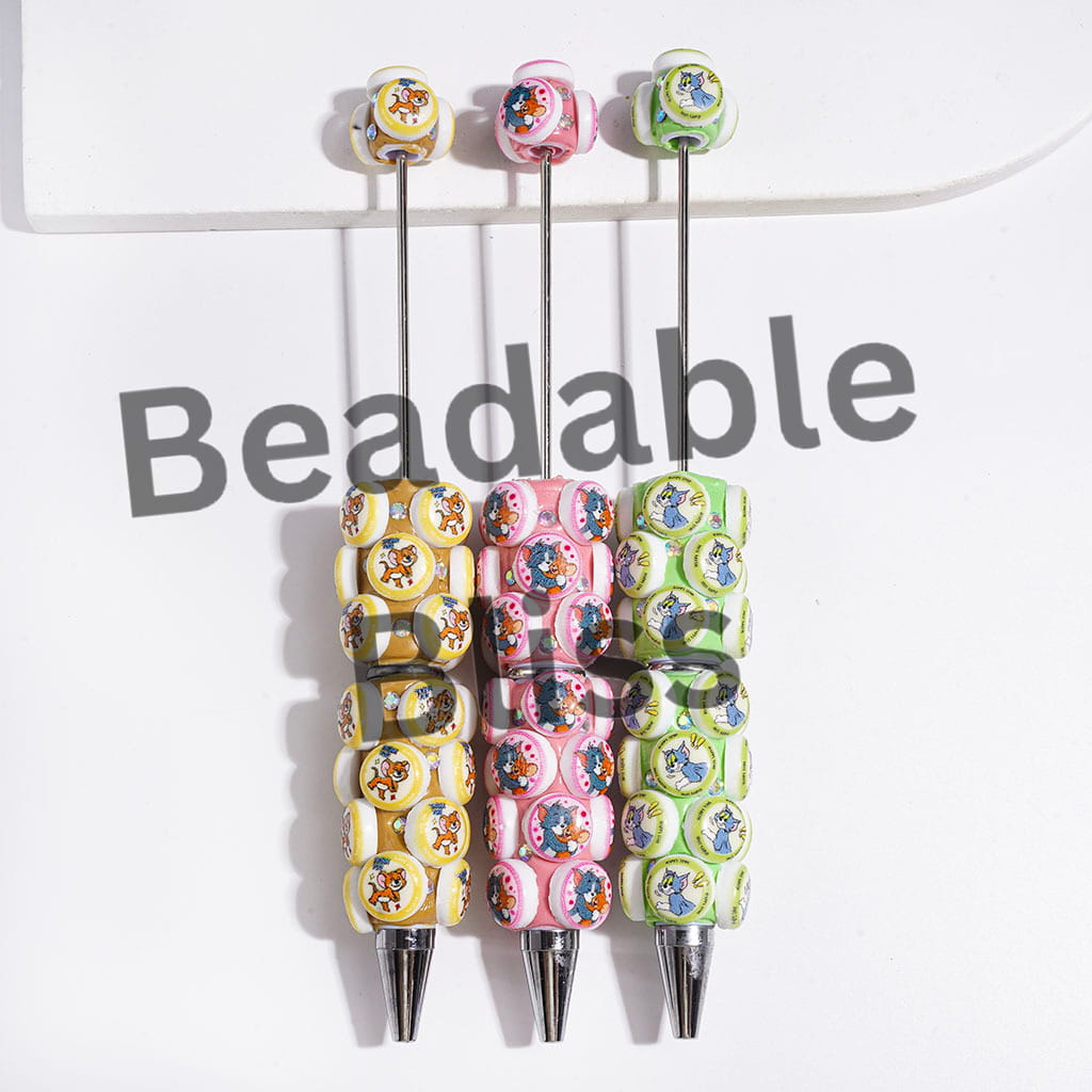 Flat Round Shape with Cat & Mouse Characters & AB Rhinestones Beadable Clay Pens, Multi-Color