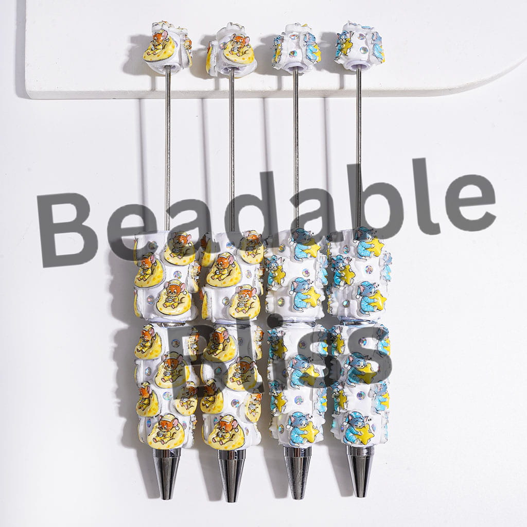 Beadable Clay Pens with Cat & Mouse Characters & AB Rhinestones