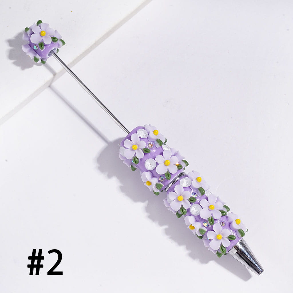 Beadable Clay Pens with Five-Petaled Flower and Green Leaf and Big Cone Shaped Rhinestones, AB Rhinestone, Multi-Color