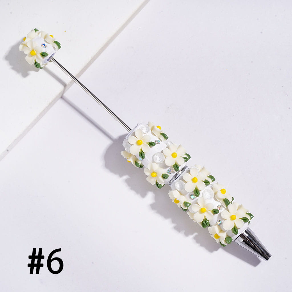 Beadable Clay Pens with Five-Petaled Flower and Green Leaf and Big Cone Shaped Rhinestones, AB Rhinestone, Multi-Color