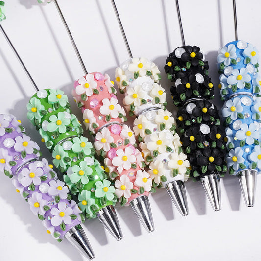 Five-Petaled Daisy Flower with Green Leaves and Large Cone-Shaped Rhinestones Beadable Clay Pen, Multi Colors Random Mix