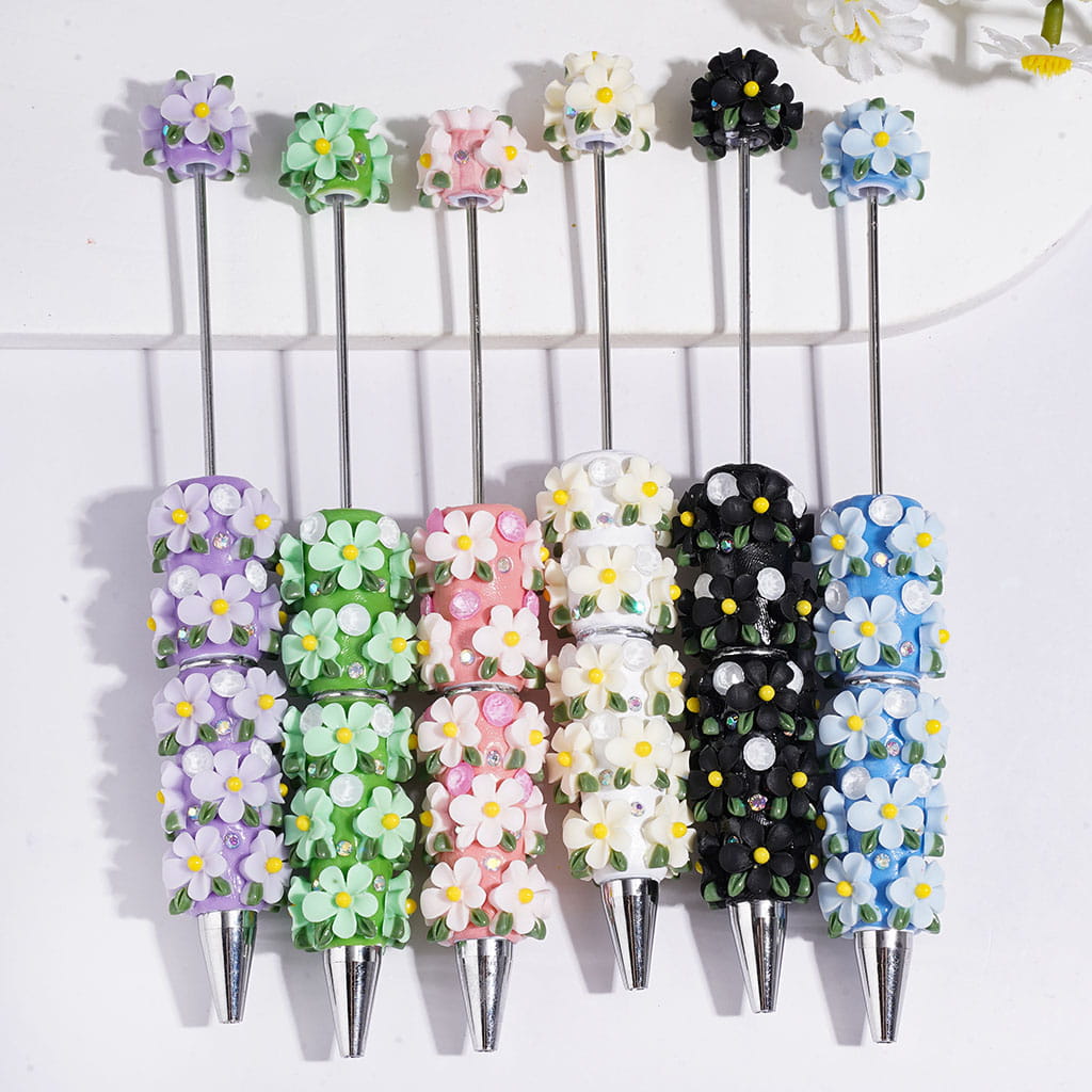 Beadable Clay Pens with Five-Petaled Flower and Green Leaf and Big Cone Shaped Rhinestones, AB Rhinestone, Multi-Color