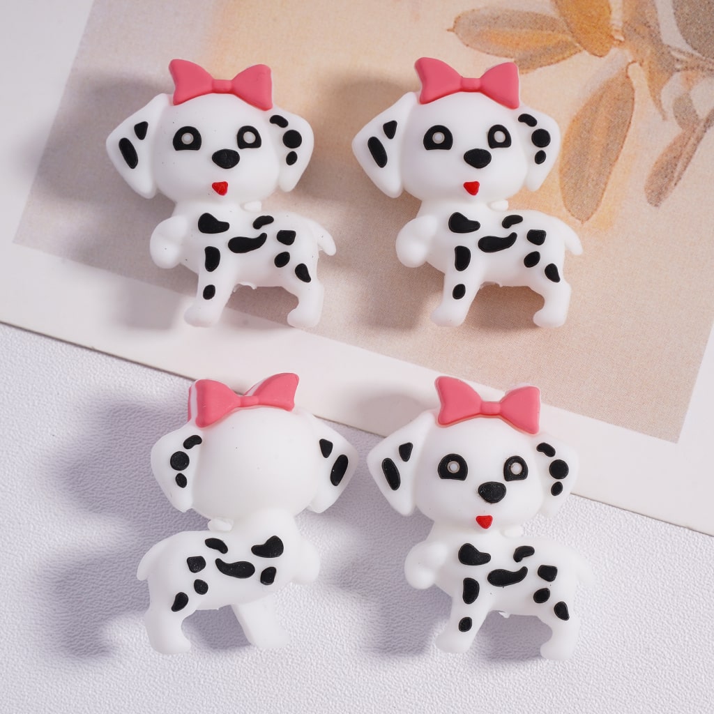 3D Black White Spotted Dog Puppy with Pink Bowknot Silicone Focal Beads