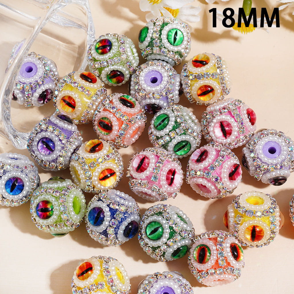 Hand-Made Acrylic Beads with Evil Eyes, AB Rhinestone and White Pearl Chains, 18MM Multi-Color Random Mix