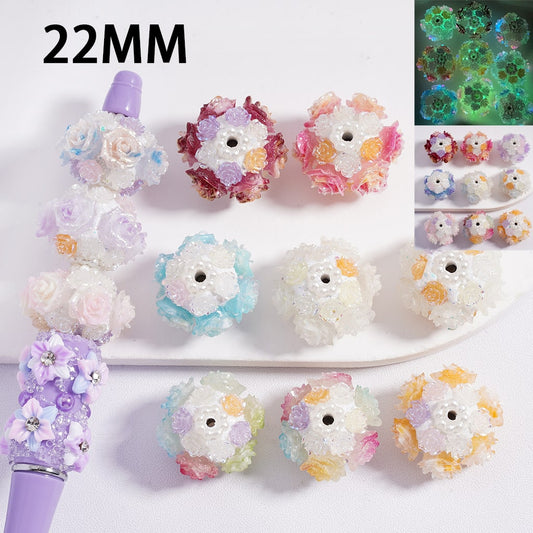 Luminous Glitter Color Changing with White Pearls Mini Cute Rose Flower Round Clay Beads 22MM Random Mix