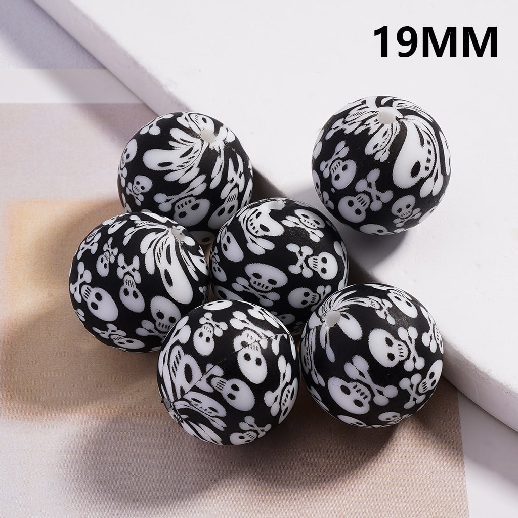 Spooky Skeleton Print Black Round Silicone Beads