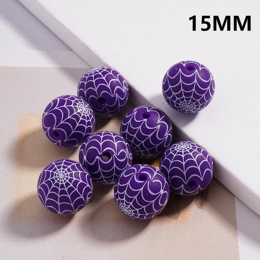 Halloween Themed Spider Web Purple Round Silicone Beads 15MM