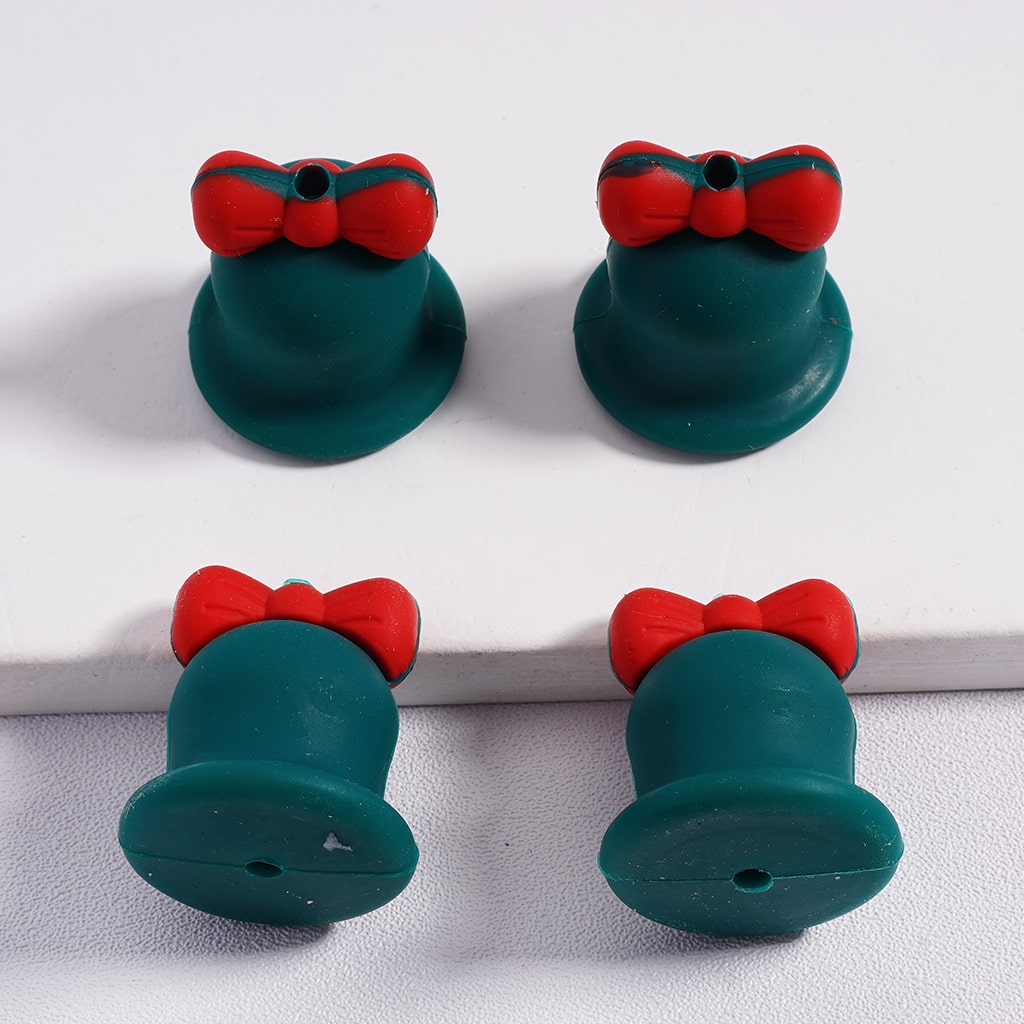 Cute 3D Multi-Color Christmas Bell with Red Bowknot Silicone Focal Beads Random Mix