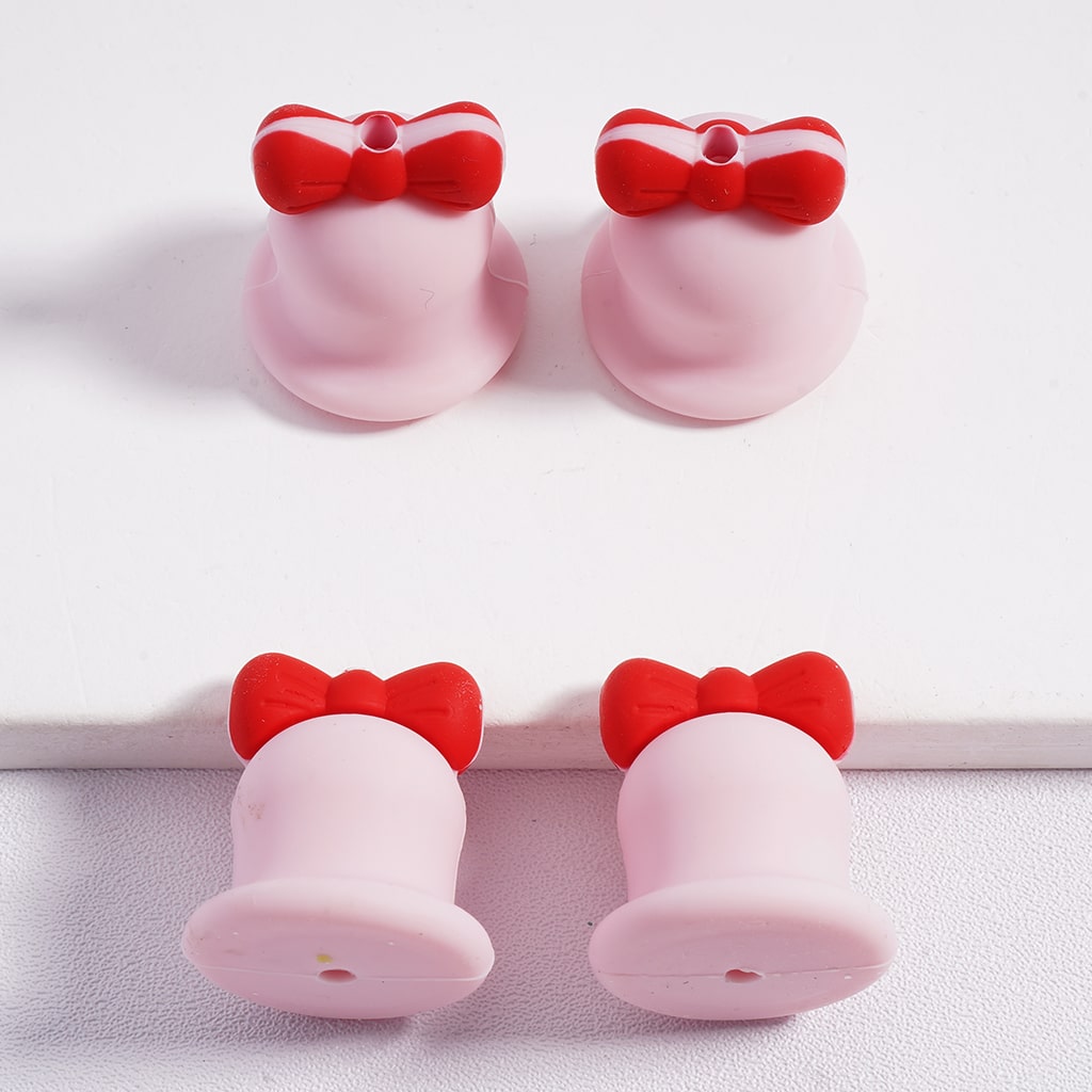 Cute 3D Multi-Color Christmas Bell with Red Bowknot Silicone Focal Beads Random Mix