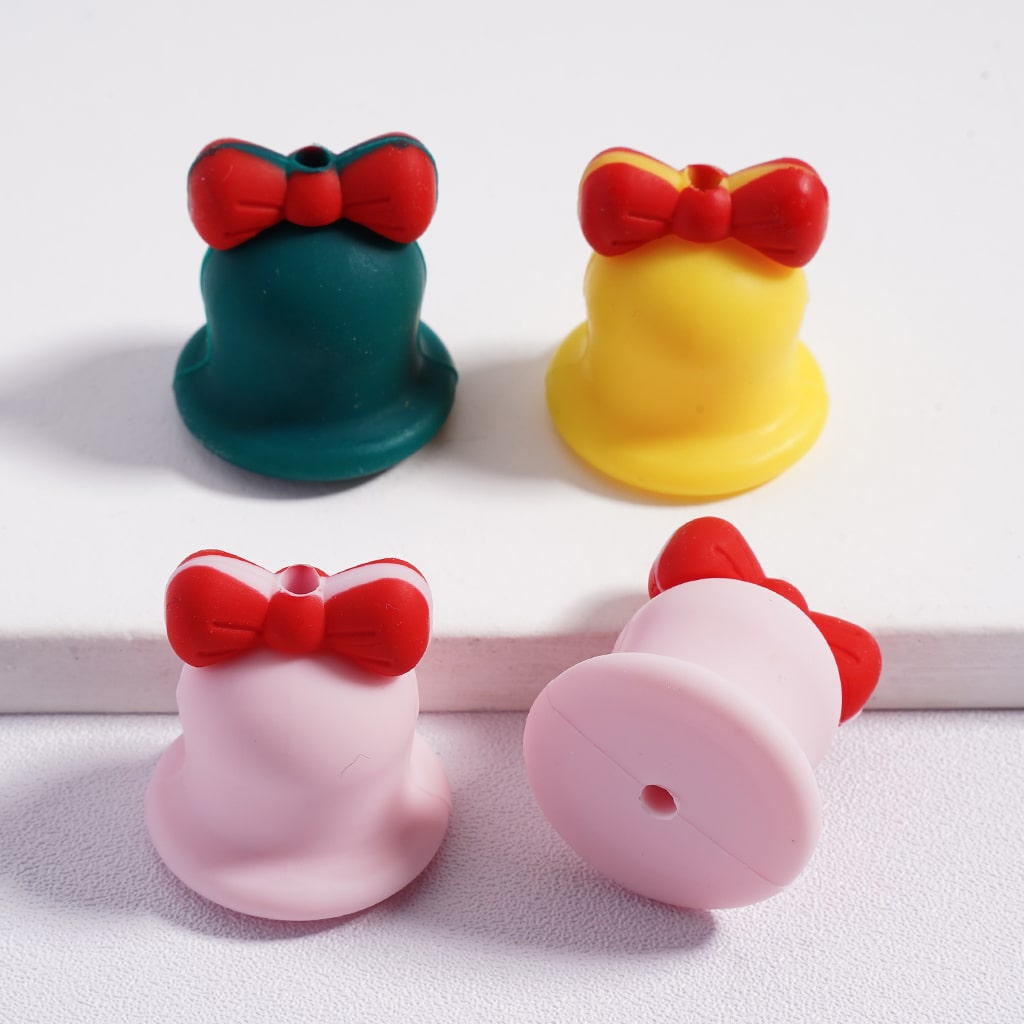 Cute 3D Multi-Color Christmas Bell with Red Bowknot Silicone Focal Beads Random Mix