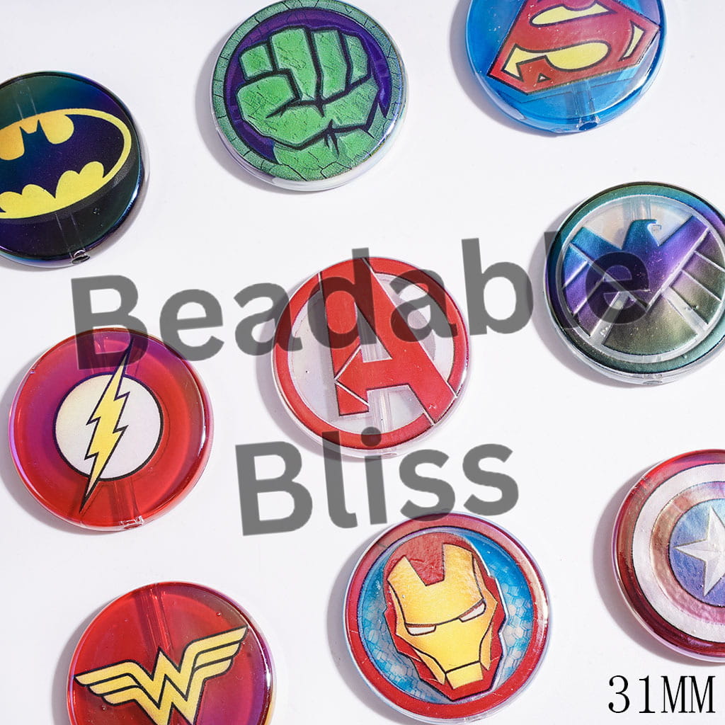 Superhero Characters Series Acrylic Beads, UV Finish, Flat Round Shaped, 31MM Random Mix