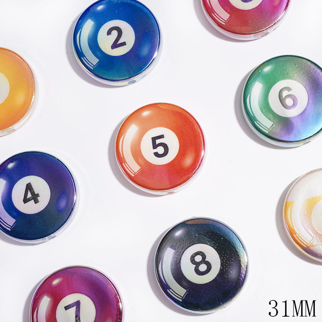 UV-Coated Acrylic Beads Billiards Series, Flat Round Shaped, 31MM Random Mix