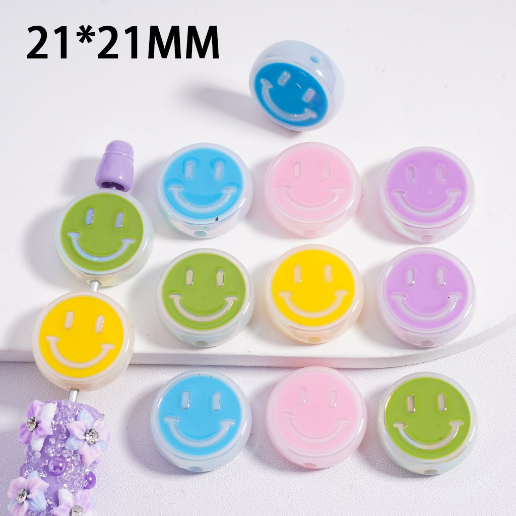 Cute Mini Smile Face Flat Round Acrylic Beads 21MM Random Mix