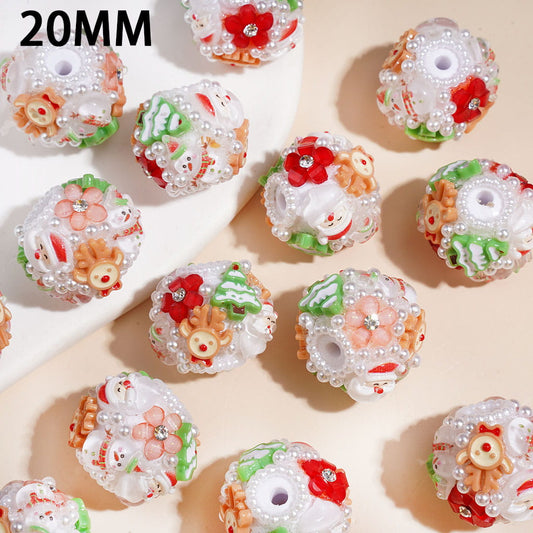 Cute Christmas Theme Character Acrylic Beads with Snowman, Gingerbread Cookie, White Pearls & AB Rhinestone Chains, 20MM