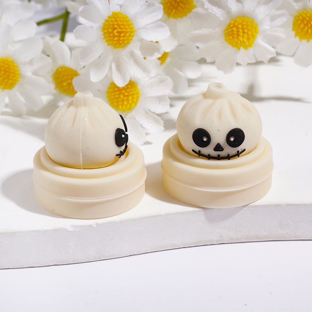 3D Halloween Dumpling and Steamer Basket with Silver Glitter Horror Face Silicone Focal Beads, 22*23MM Multi-Color