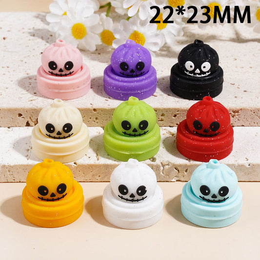 3D Halloween Pumpkin Dumpling Steamer Silicone Focal Beads, 22*23MM, Glitter Colors, Random Mix