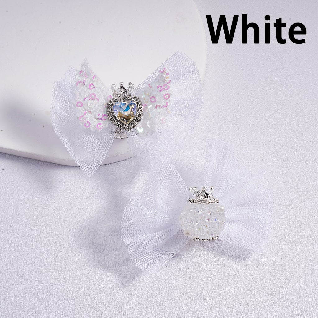 Sparkling Heart Rhinestone Acrylic Beads with Silver Crown, Clear Rhinestone Chains, White Pearls & Fabric Bowknot