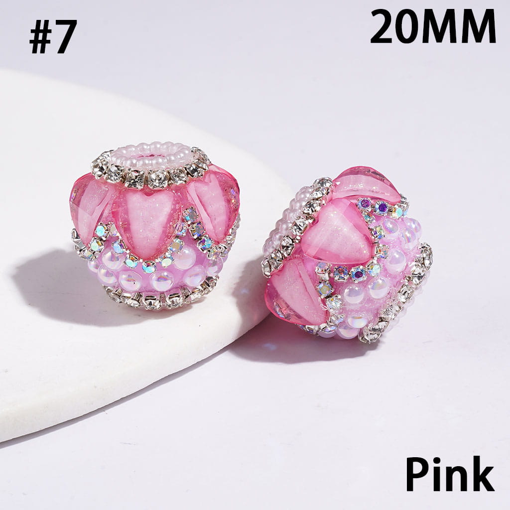 Handcrafted Acrylic Beads w Glittery Hearts & UV Coated Half-Faced Pearls, AB Rhinestone & White Pearl Chains, 20MM Multi-Color