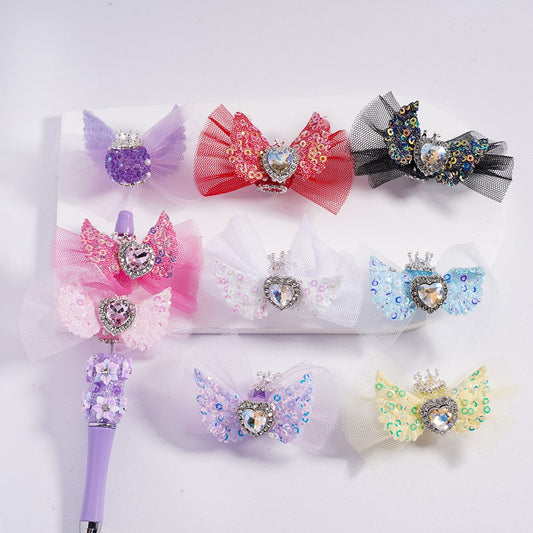 Sparkling Heart Rhinestone Acrylic Beads with Silver Crown, Clear Rhinestone Chains, White Pearls & Fabric Bowknot