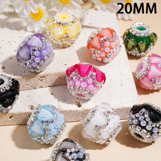 UV Coated Glitter Heart Handmade Acrylic Beads with Half Pearl Accents & AB Rhinestone Chains, 20MM, Multi Colors Random Mix