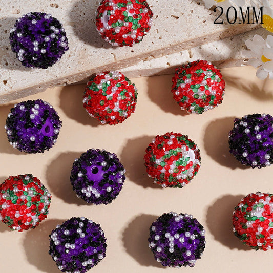 Red Christmas & Purple Halloween Series White Pearls and Shiny Rhinestones, Handmade Acrylic Sugar Beads, 20MM Random Mix