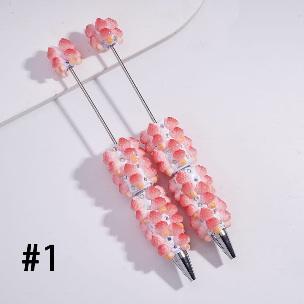 Double Layer Fruit Tanghulu Design with Sparkling AB Rhinestones & Elegant White Pearl Beadable Clay Pens