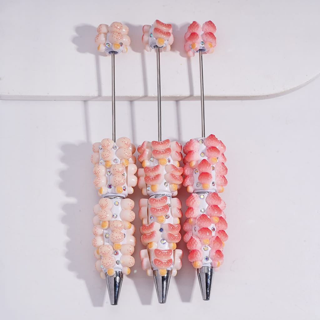 Double Layer Fruit Tanghulu Design with Sparkling AB Rhinestones & Elegant White Pearl Beadable Clay Pens