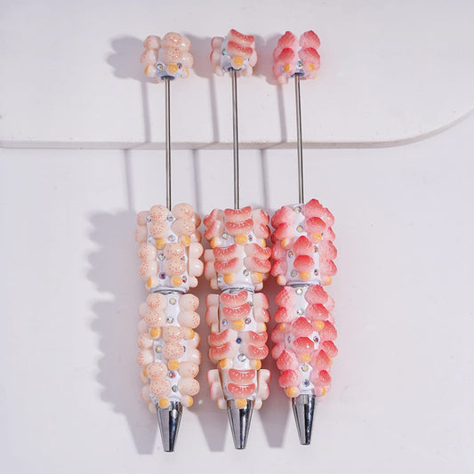 Double Layer Fruit Tanghulu Design with Sparkling AB Rhinestones & Elegant White Pearl Beadable Clay Pens