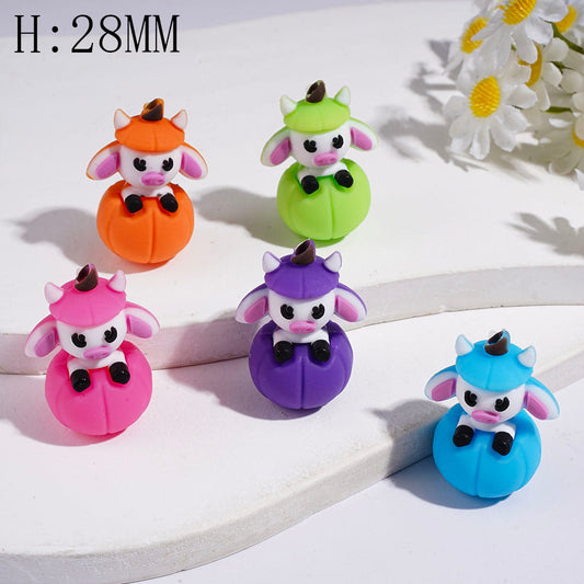 3D Cute Cow Sitting on Pumpkin Silicone Focal Beads, 28MM, Assorted Colors, Random Mix